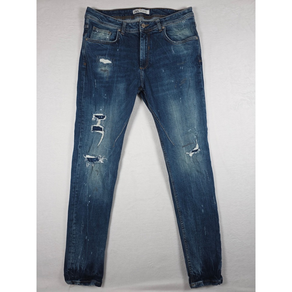 Zara Man Slim Fit Distressed Skinny Jeans 34 Blue Paint Splatter Streetwear